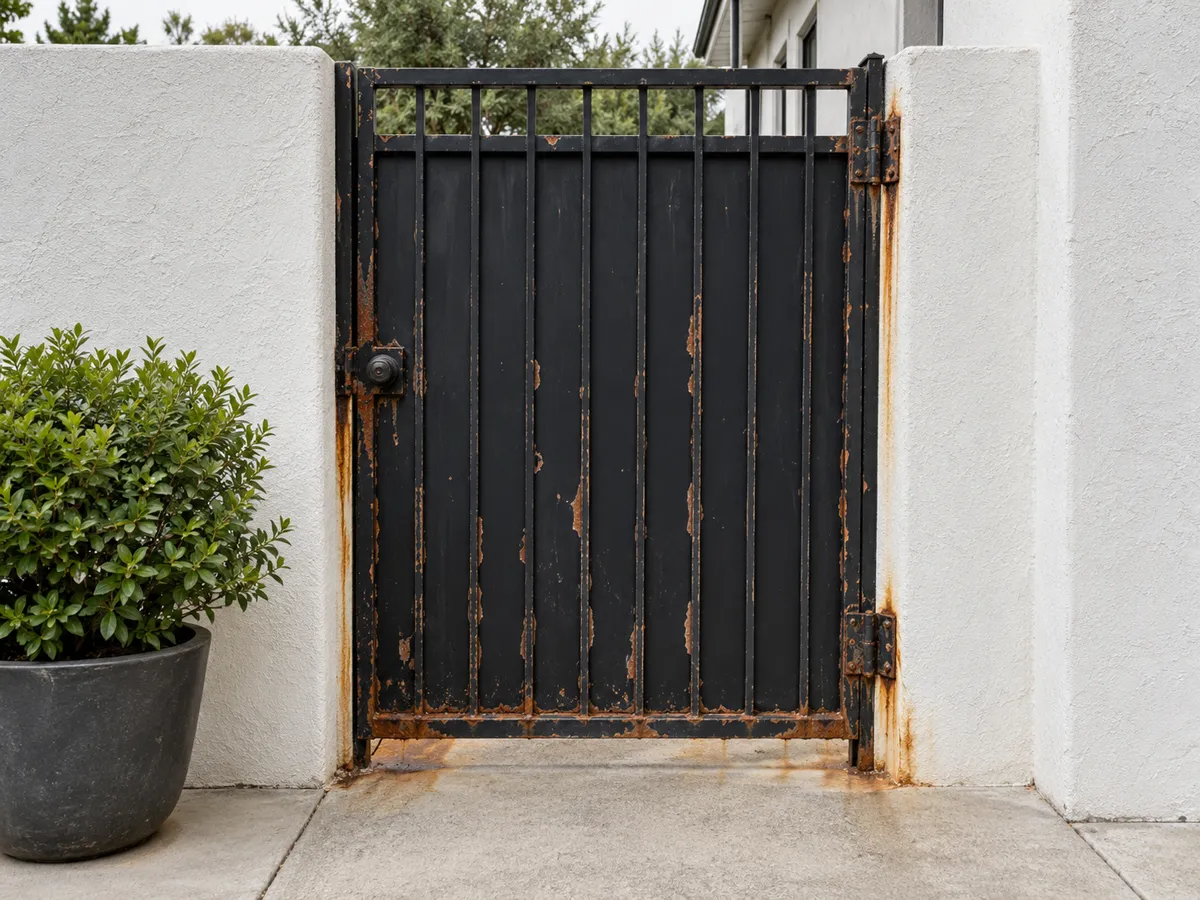 Black steel walk gate in a white stucco wall with flaking paint, rust at the hinges, latch and bottom rail, and rust streaks on the stucco beside a potted shrub