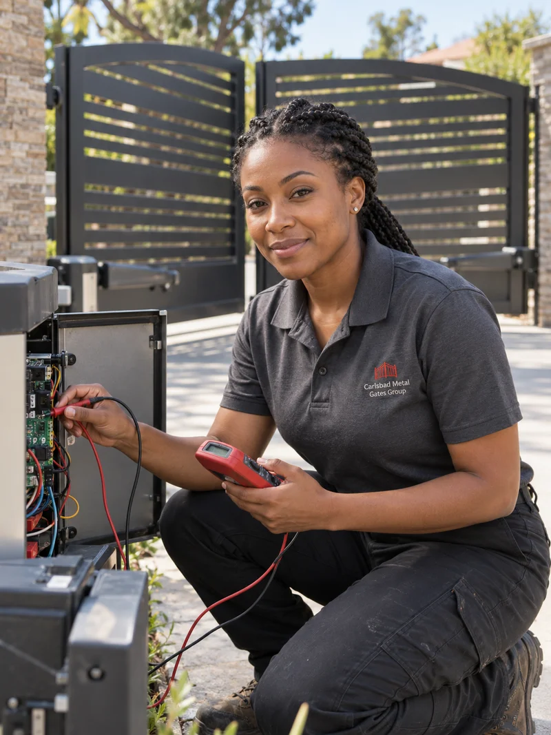 Danielle Brooks kneeling at an open gate operator control box with a multimeter in front of a dual swing slatted driveway gate