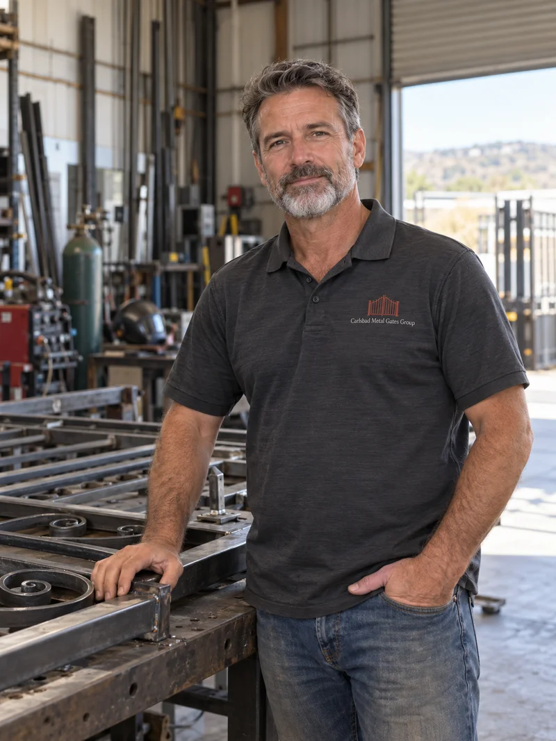 Gavin Whitlock, owner, a gray-bearded man in a charcoal company polo, leaning on a half-built scrolled iron gate on a welding table in the fabrication shop