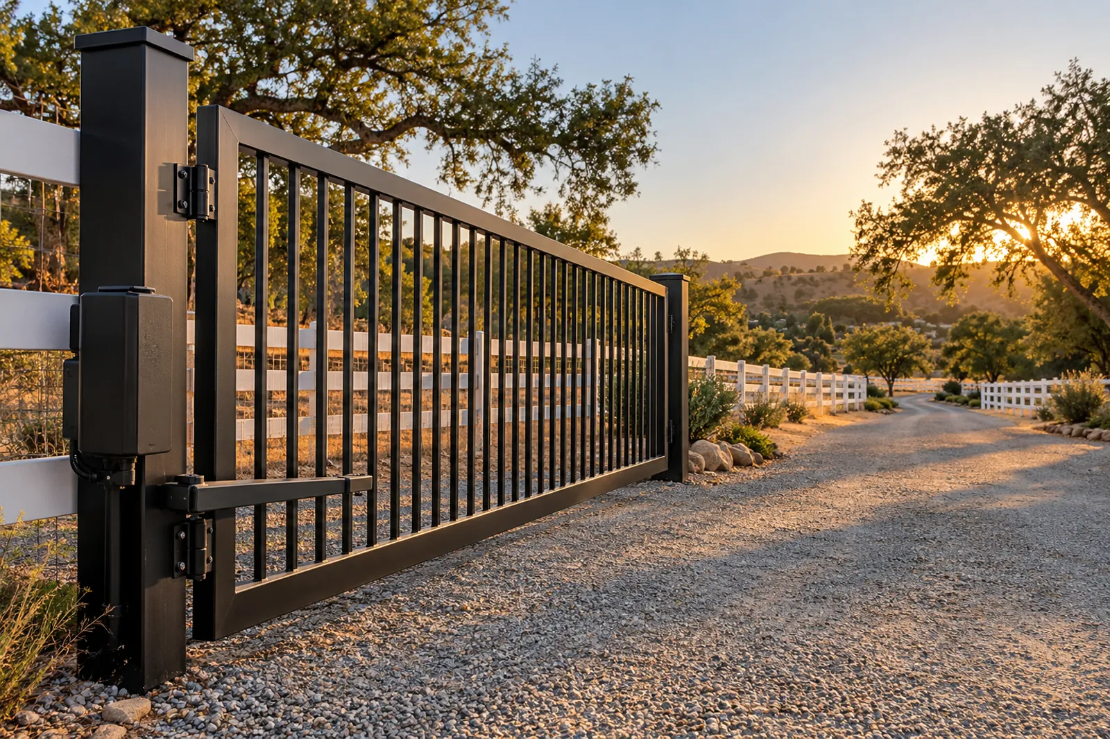Black steel single swing drive gate with an operator on the hinge post, white ranch rail fence and oaks at sunset